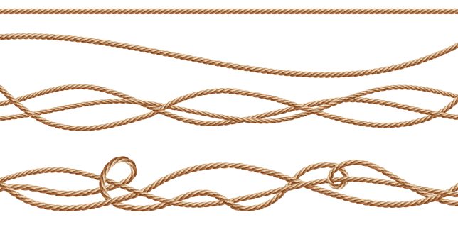 Vector 3d realistic fiber ropes - straight and tied up. Jute or hemp twisted cords with loops isolated on white background. Decorative elements with brown packthread.