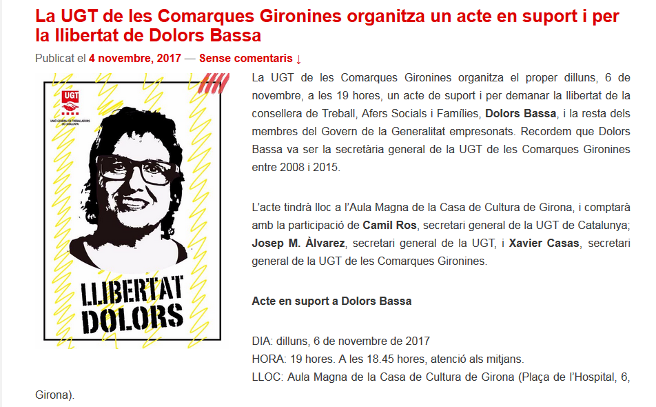 La UGT de les Comarques Gironines organitza un acte en suport i per la llibertat de Dolors Bassa